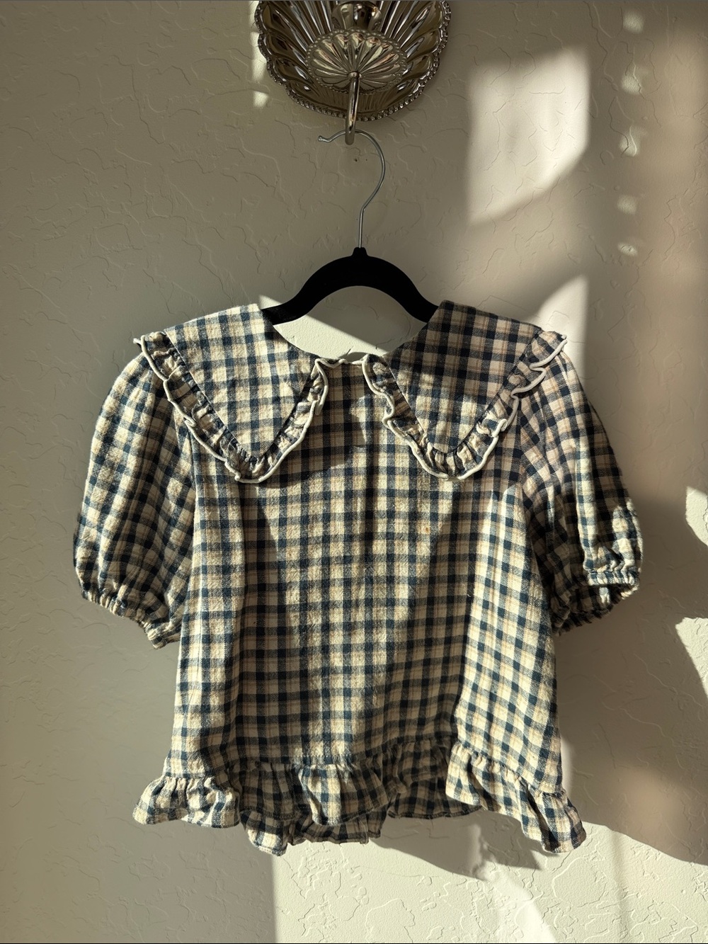 Rylee + Cru Blue and Cream Gingham Ruffle Collar Blouse 6-7 years